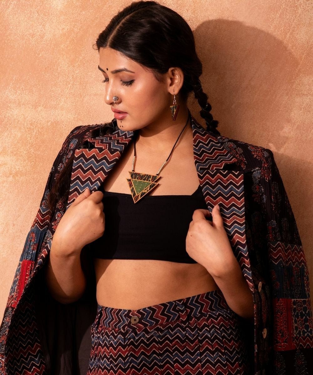 Upcycled Fabric and Repurposed Wood Triangular Necklace - CiceroniNecklaceWhe by Abira