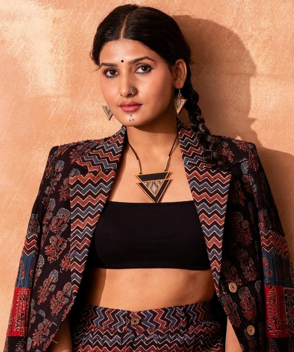 Upcycled Fabric and Repurposed Wood Triangular Necklace - CiceroniNecklaceWhe by Abira