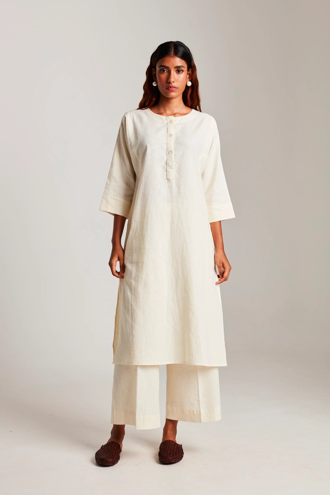 Vanilla Co - Linen Beaded Placket Kurta Set - CiceroniKurta SetSaphed