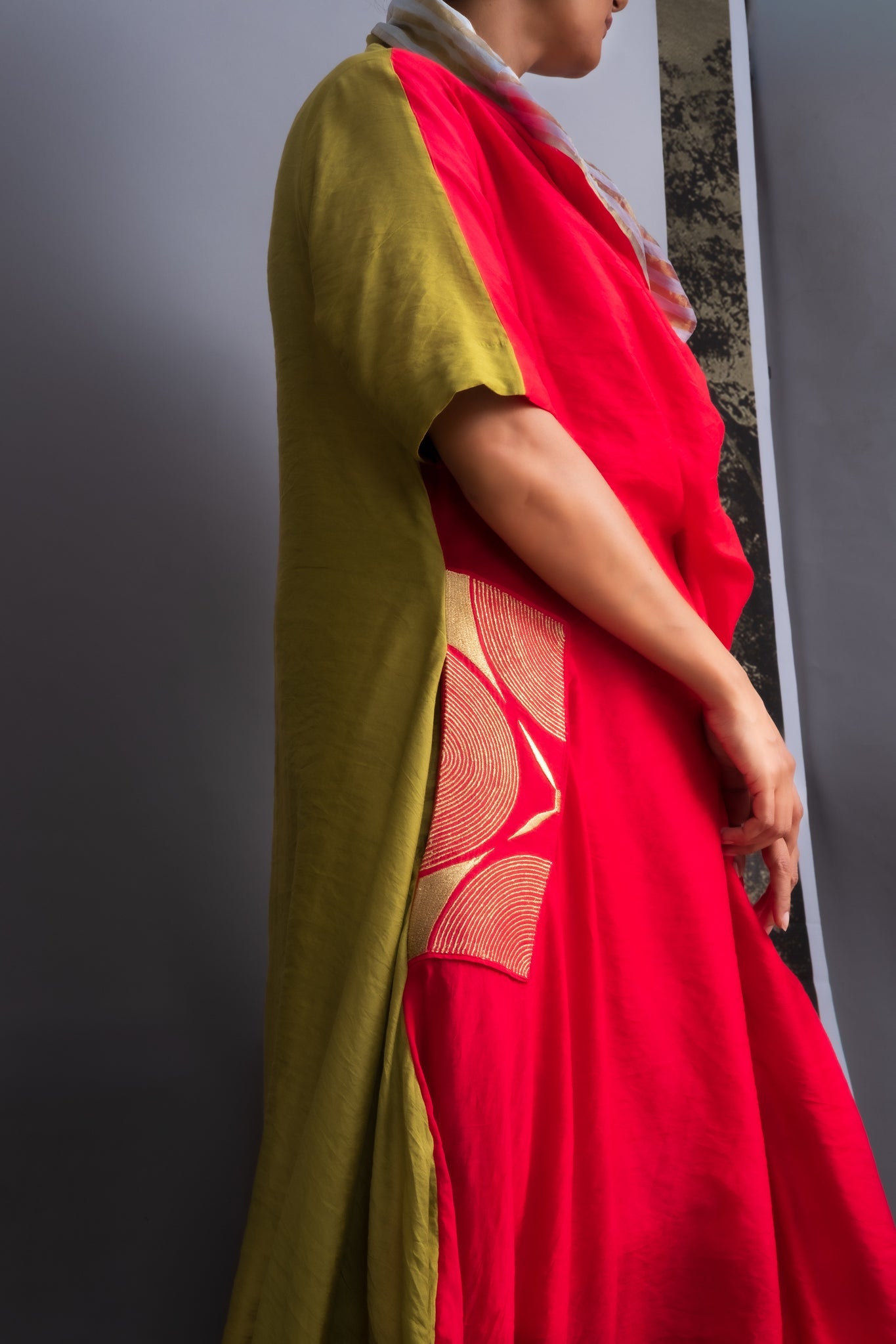 Vermilion & Chartreuse Chanderi Cowl Top - CiceroniDressesOtouto