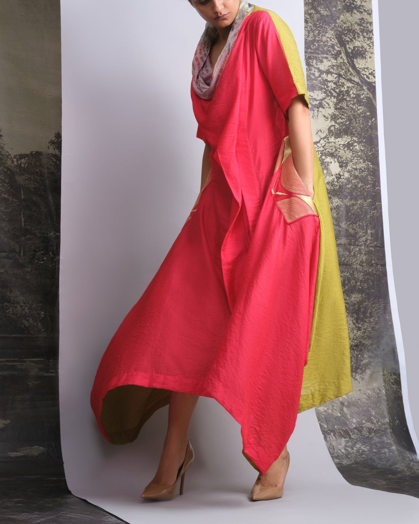 Vermilion & Chartreuse Chanderi Cowl Top - CiceroniDressesOtouto