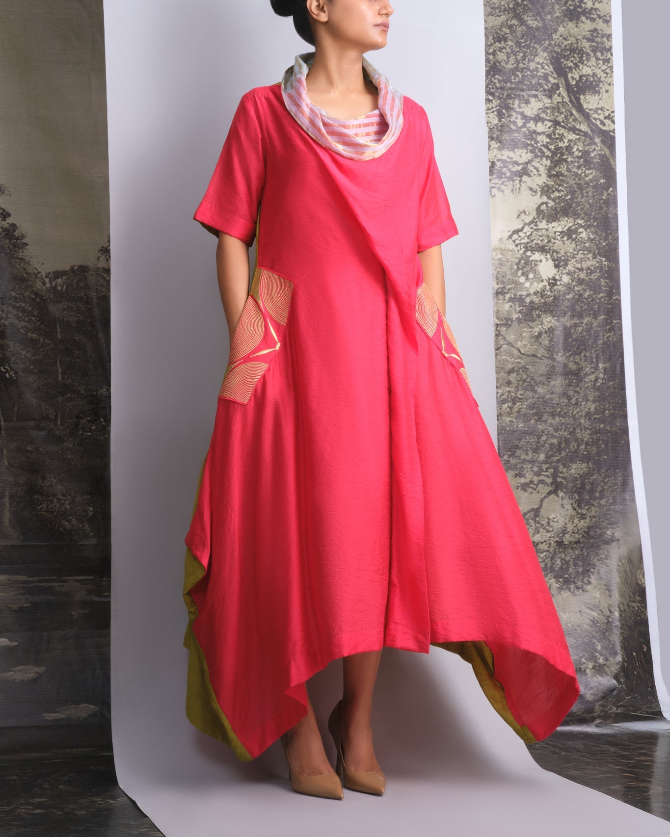 Vermilion & Chartreuse Chanderi Cowl Top - CiceroniDressesOtouto