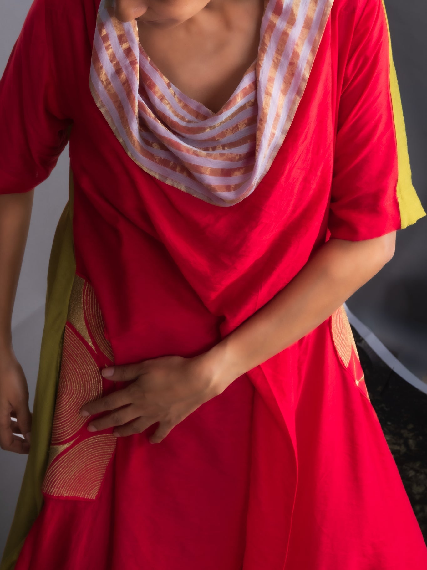 Vermilion & Chartreuse Chanderi Cowl Top - CiceroniDressesOtouto