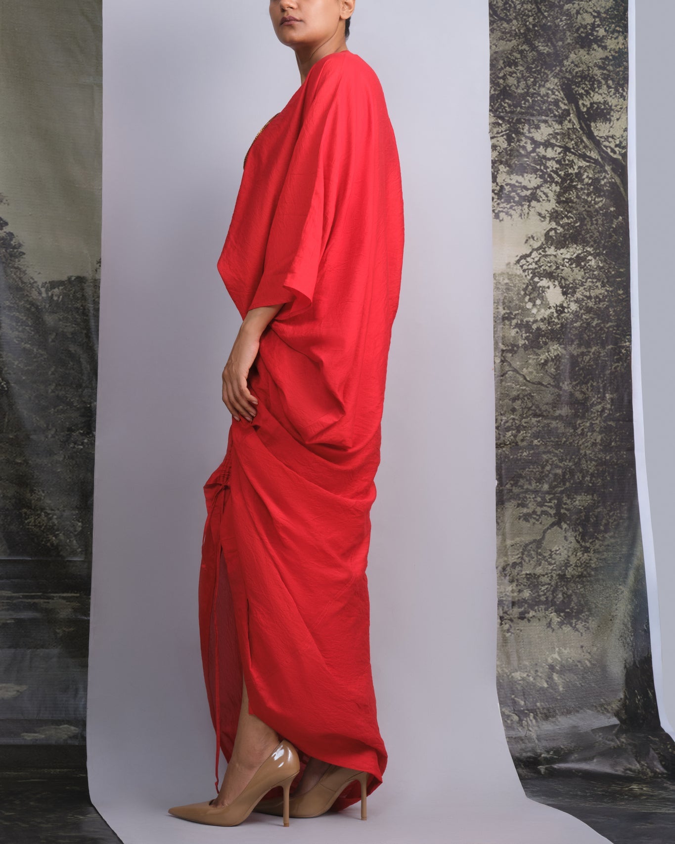 Vermilion Red Chanderi Drape Co - ord Set - CiceroniSkirt SetOtouto
