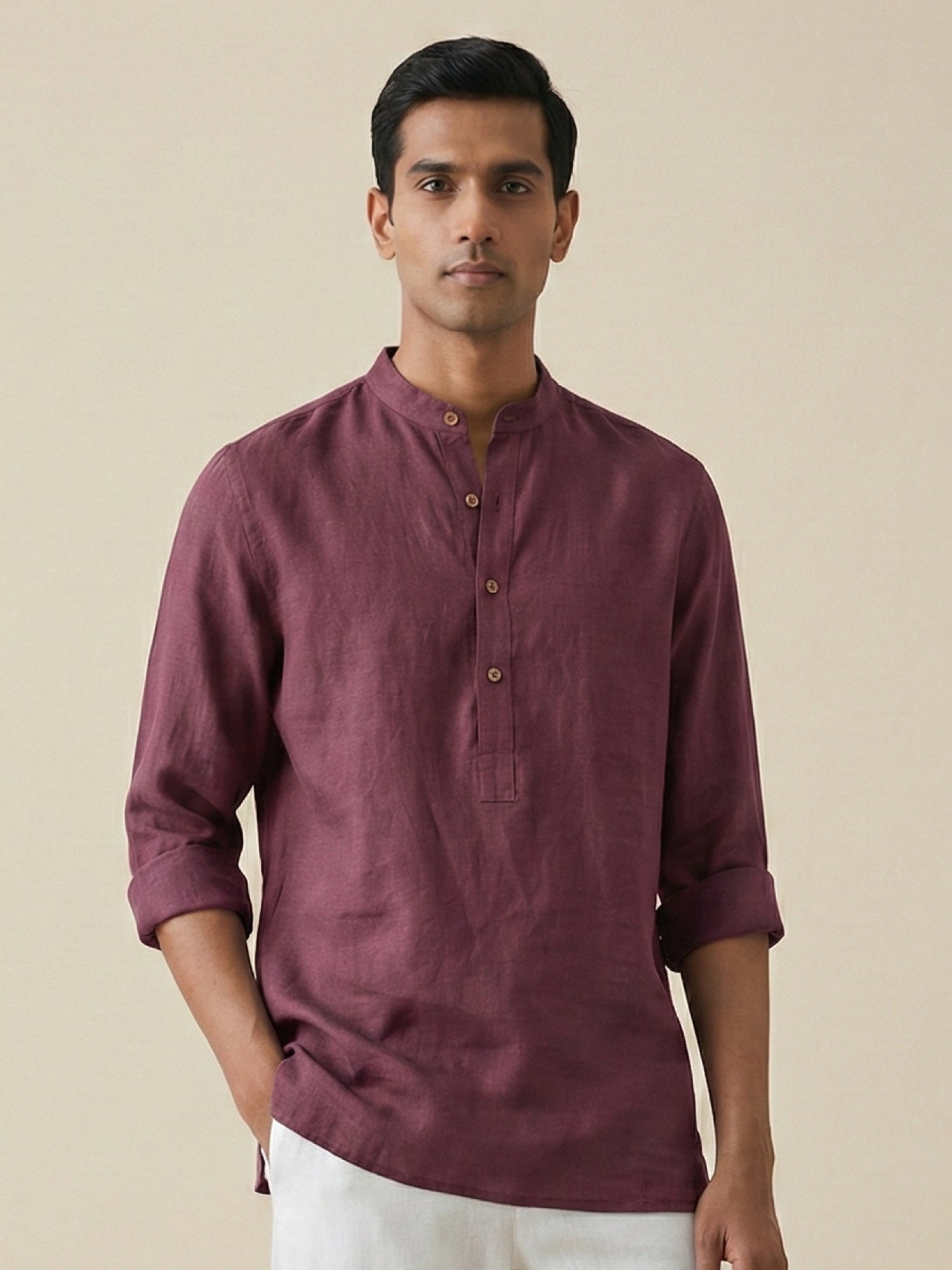 Vintage Plum 100% Pure Linen Classic Short Kurta - CiceroniKurta, Everyday Wearbhrāta
