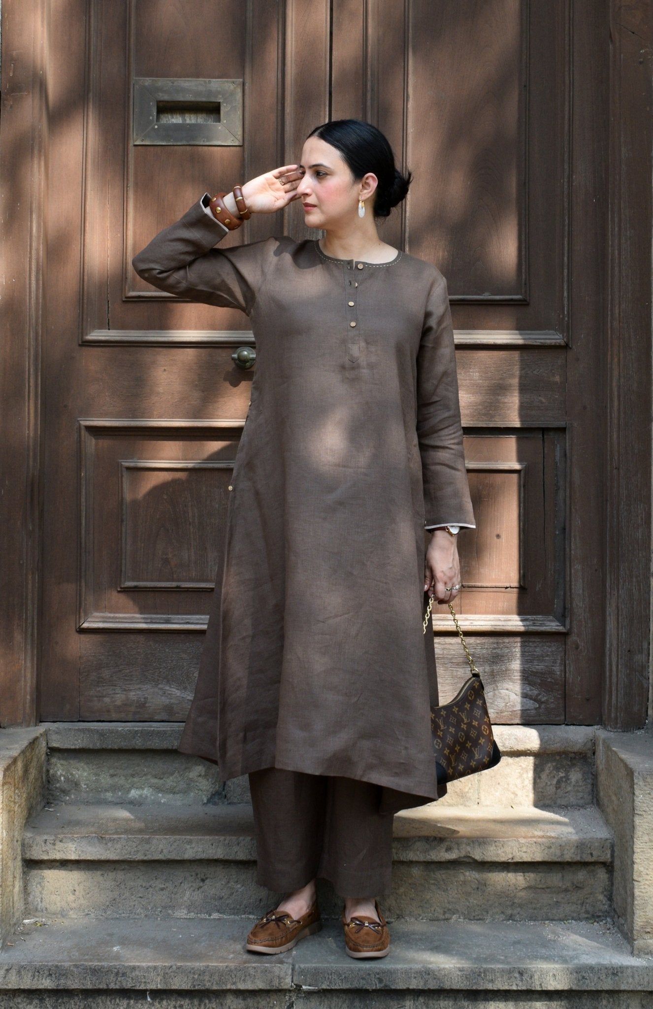 Walnut Brown Linen Co - ord Set - CiceroniKurta Set, Everyday WearHouse of Moxa