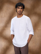 White 100% Linen Zippered Kurta - CiceroniMen Shirtsbhrāta