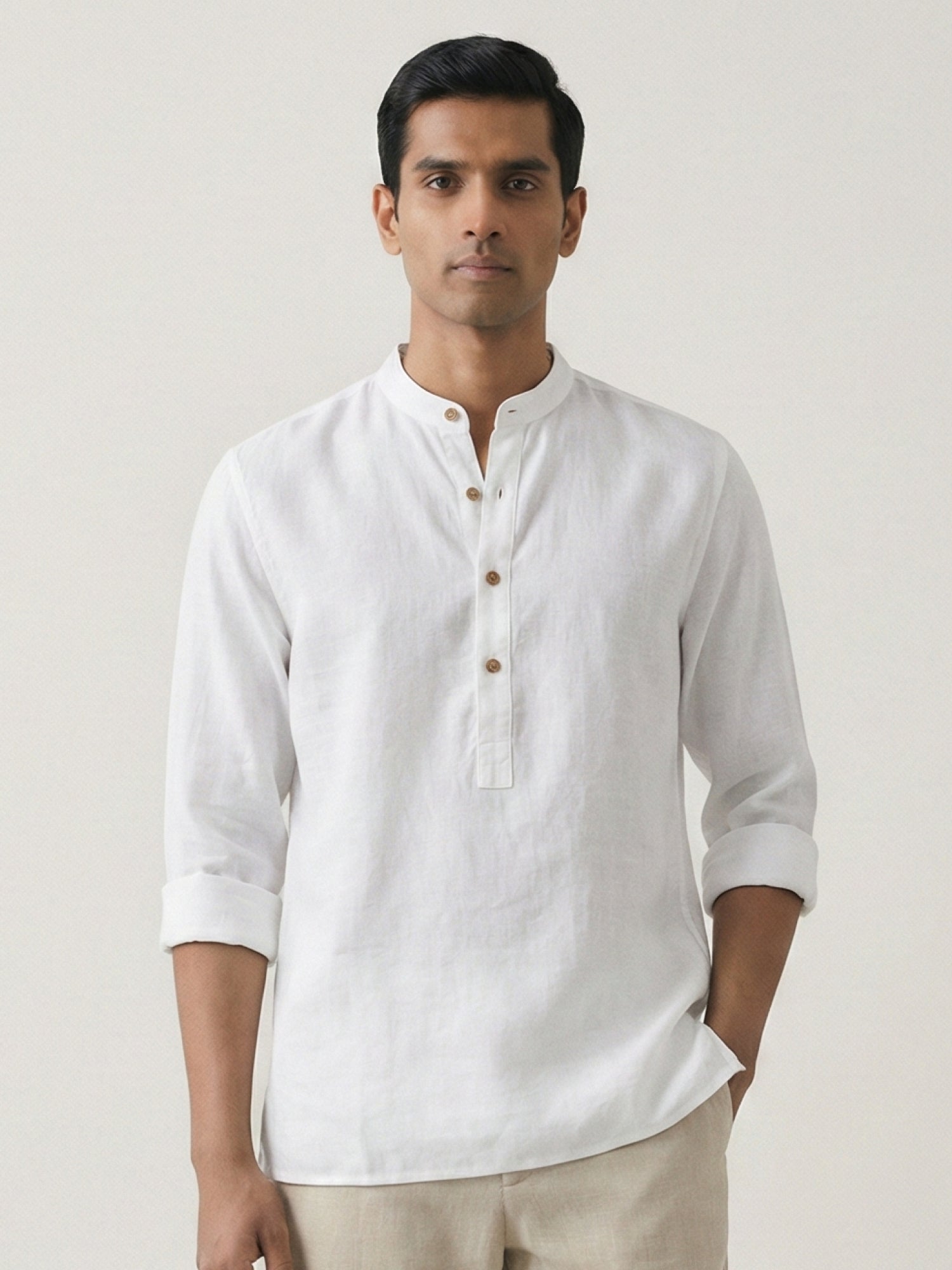 White 100% Pure Linen Classic Short Kurta - CiceroniKurta, Everyday Wearbhrāta
