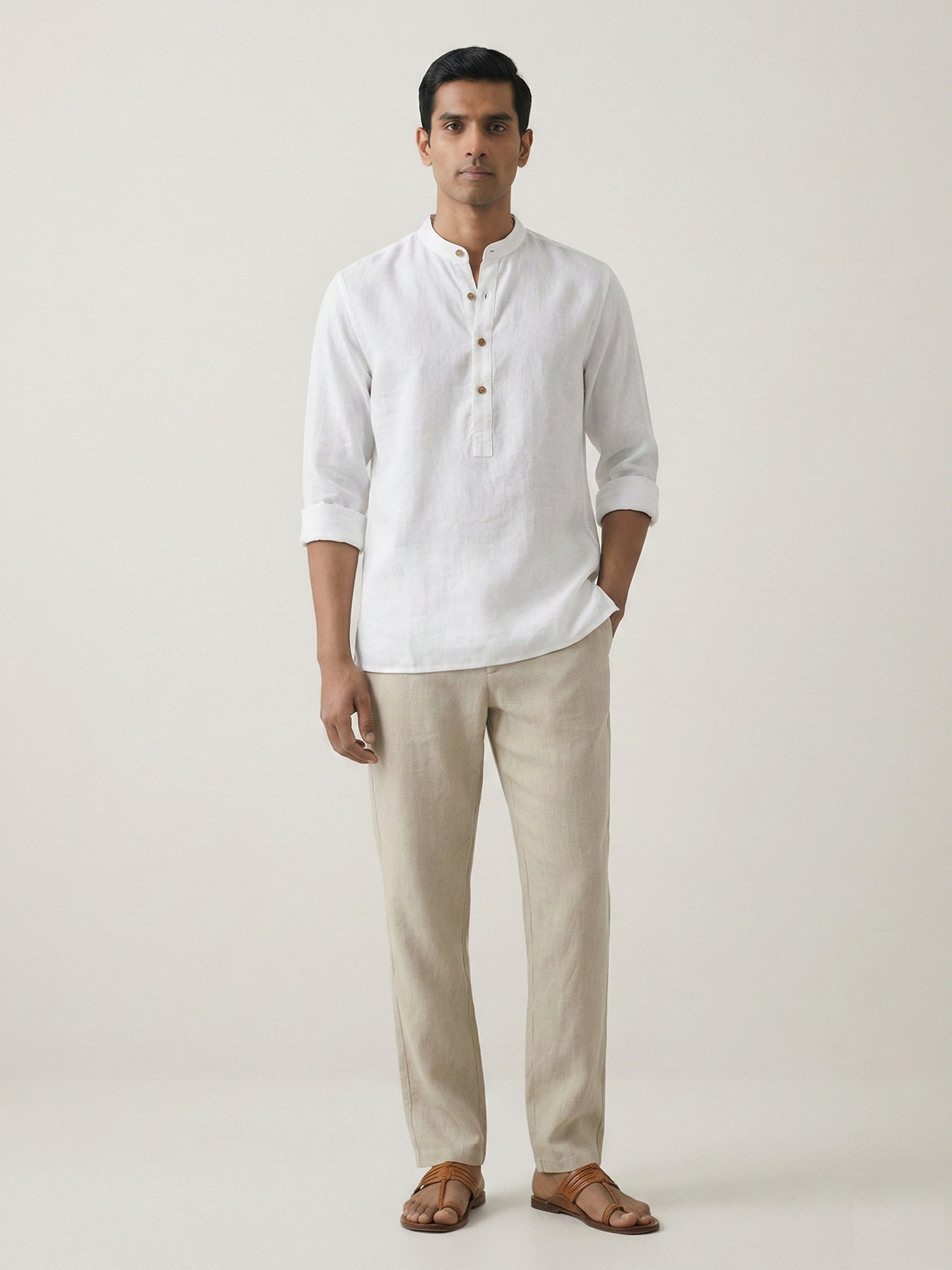 White 100% Pure Linen Classic Short Kurta - CiceroniKurta, Everyday Wearbhrāta