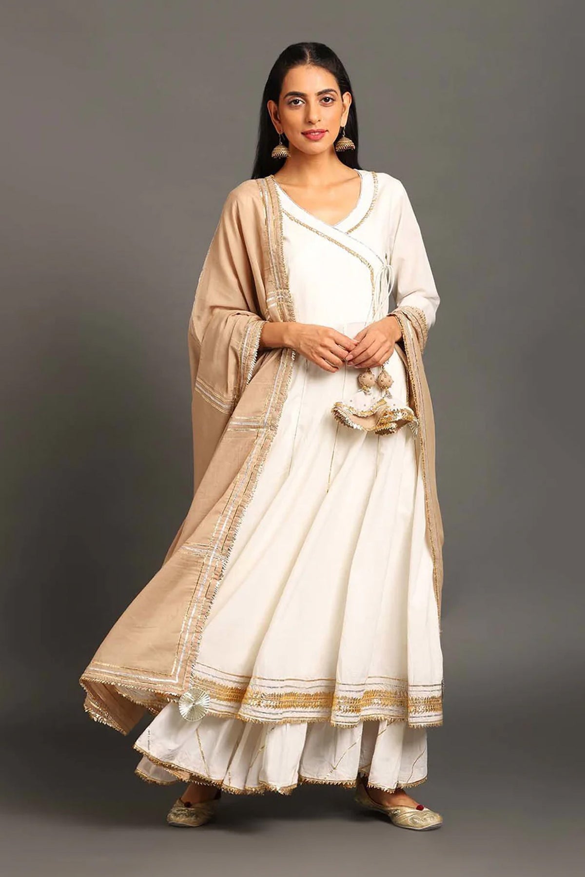 White Mastani Anarkali Set - CiceroniKurta Set, Festive WearOmaana