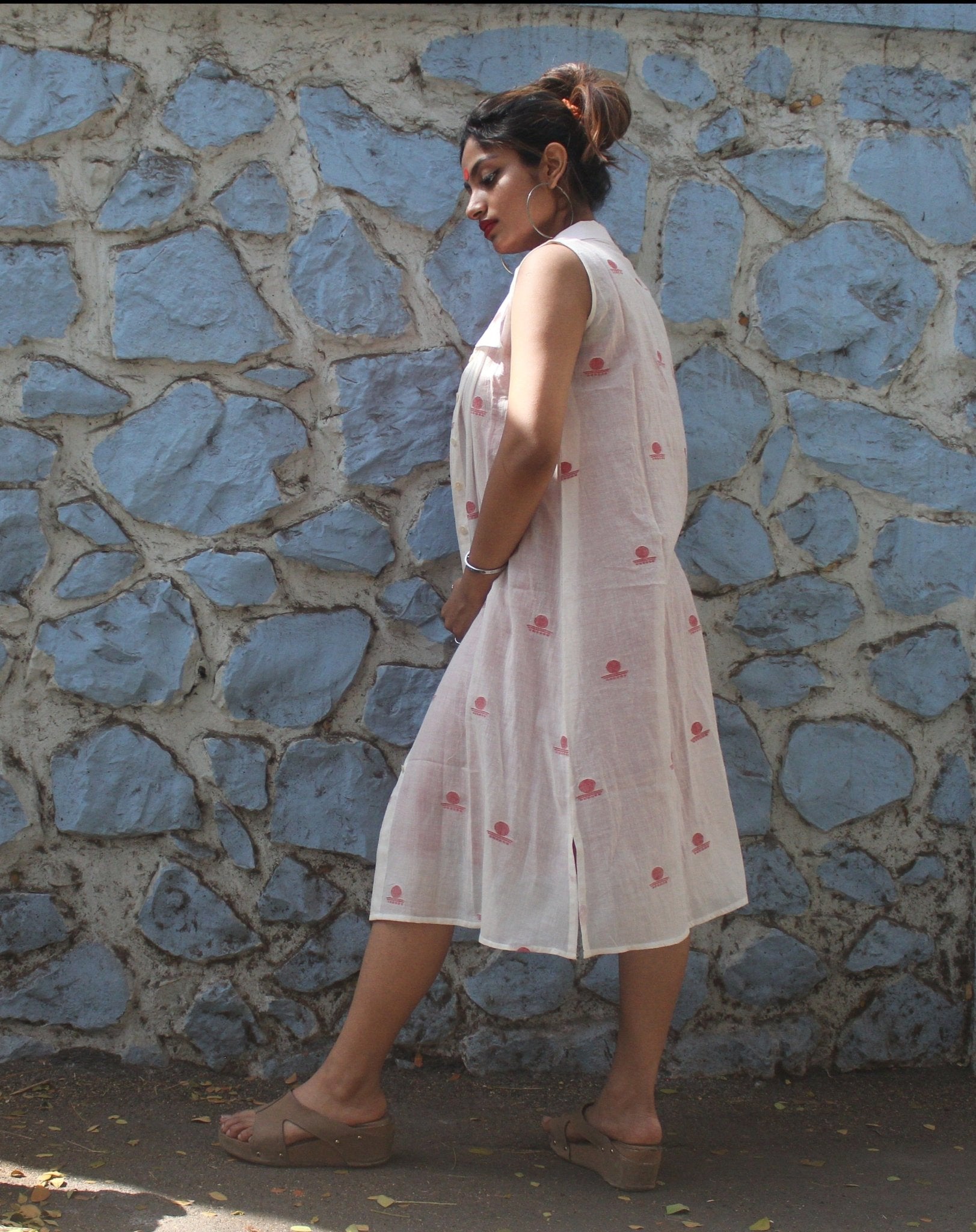 White Shirt Dress in Jamdani with Red Slip - CiceroniDressesPrathaa