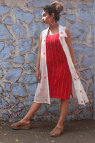 White Shirt Dress in Jamdani with Red Slip - CiceroniDressesPrathaa