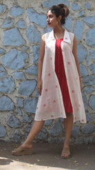 White Shirt Dress in Jamdani with Red Slip - CiceroniDressesPrathaa