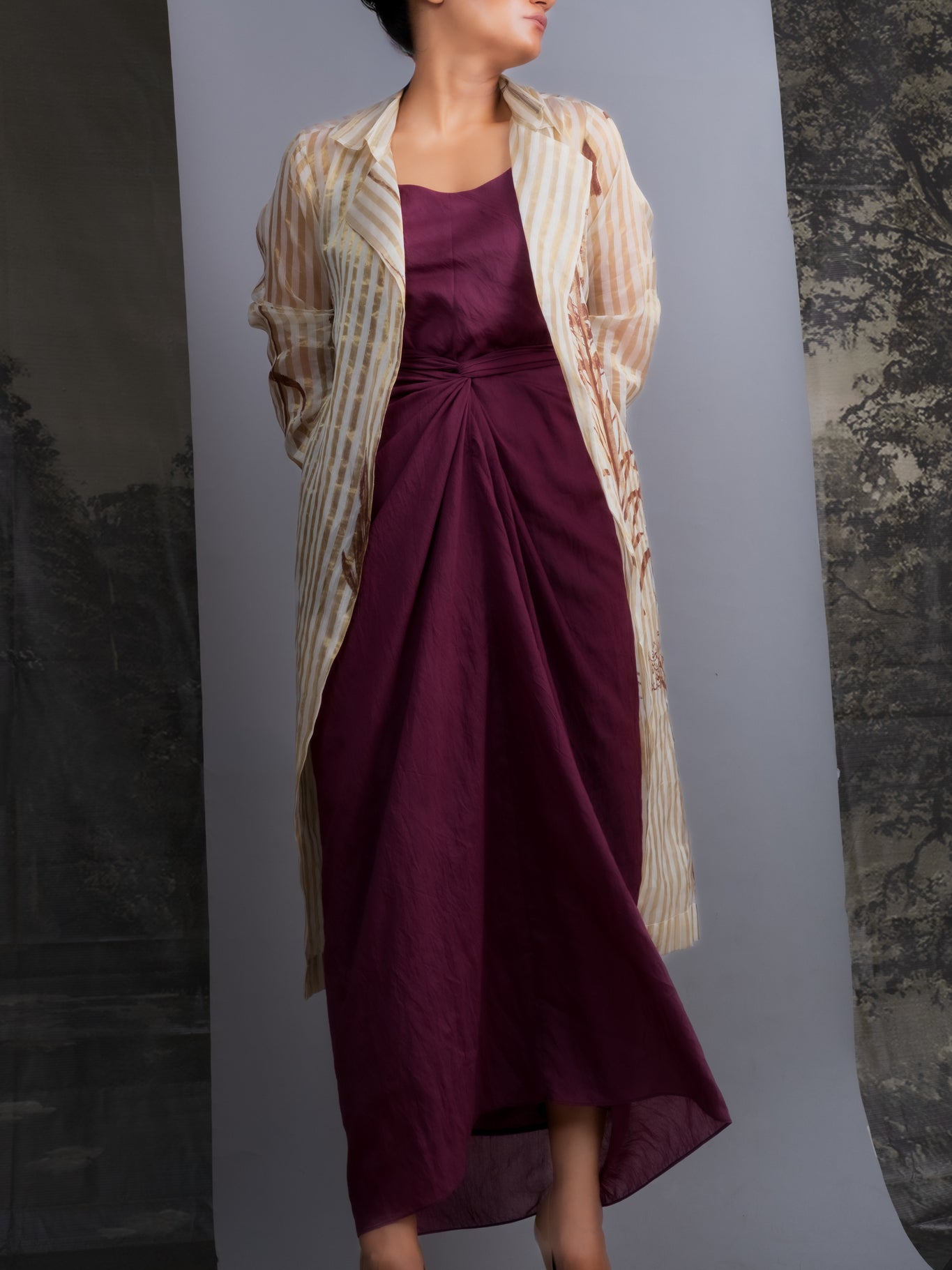 Wine Chanderi Dress & White Gold Botanical Trench Set - CiceroniDressesOtouto