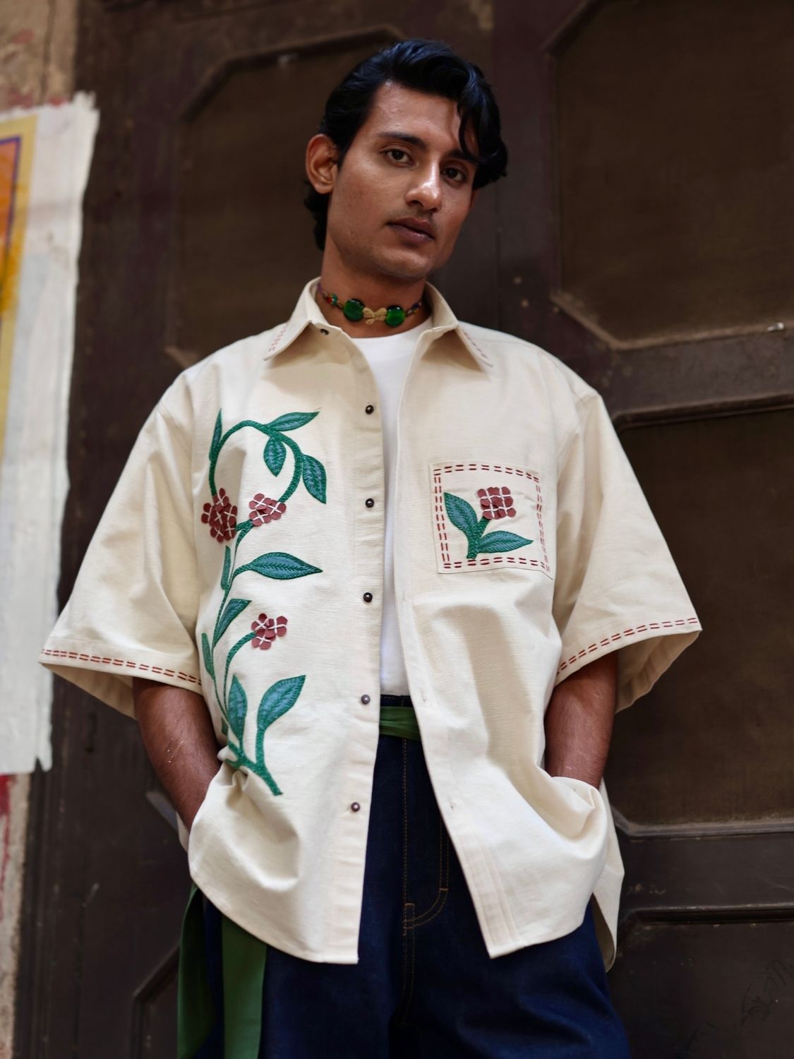 Winglore - Beige Appliqué Hand Embroiderd Pure Linen Vine Oversized Shirt - CiceroniUnisex ShirtsWinglore