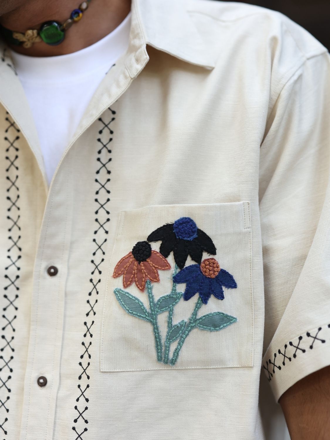 Winglore - Beige Appliqué Hand Embroiderd Pure Linen Wildflower Oversized Shirt - CiceroniUnisex ShirtsWinglore