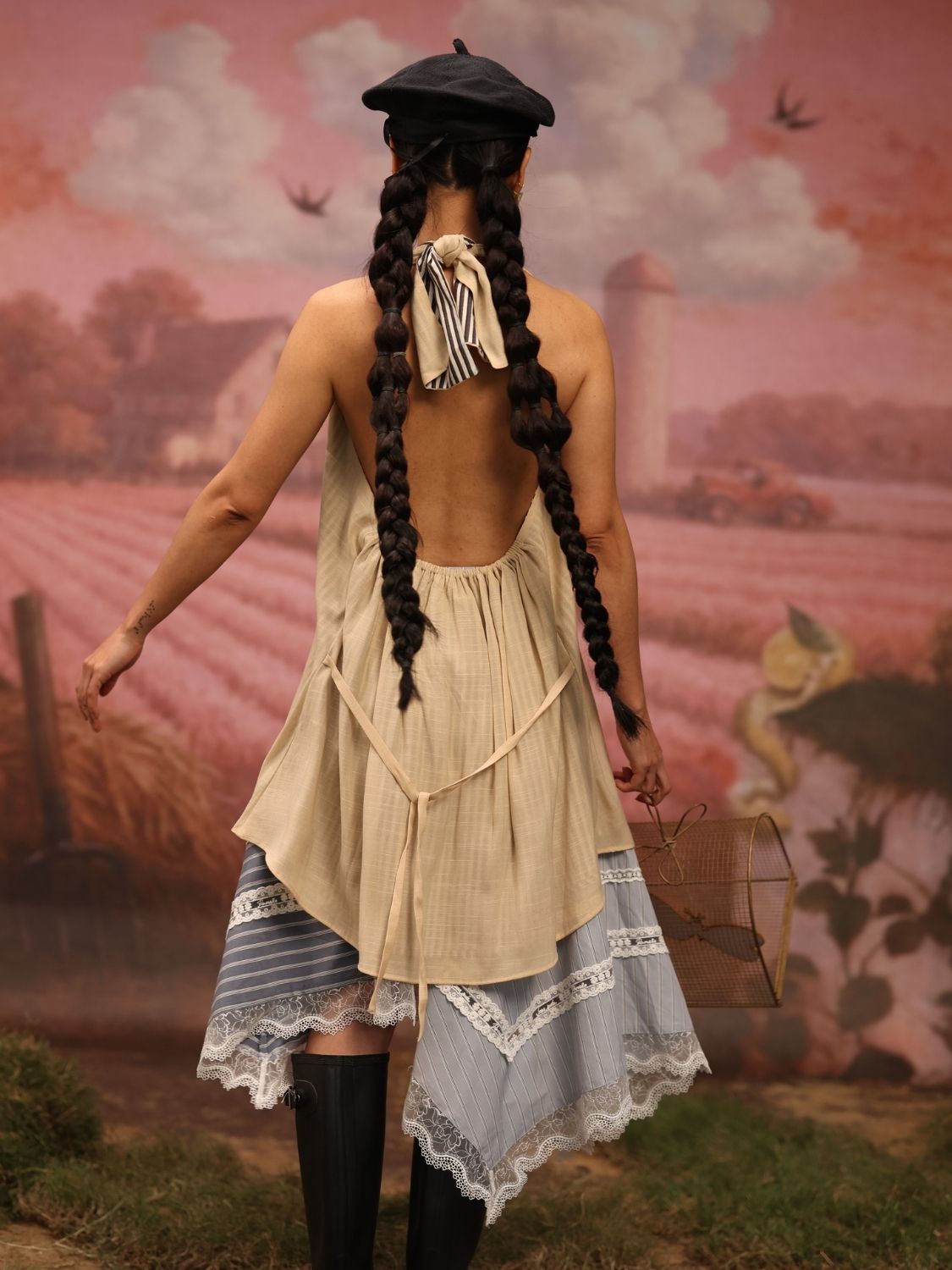 Winglore - Beige Hand Embroiderd Slub Cotton Moths Tunic Halter Top - CiceroniTopsWinglore