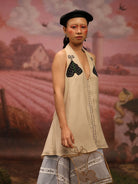 Winglore - Beige Hand Embroiderd Slub Cotton Moths Tunic Halter Top - CiceroniTopsWinglore