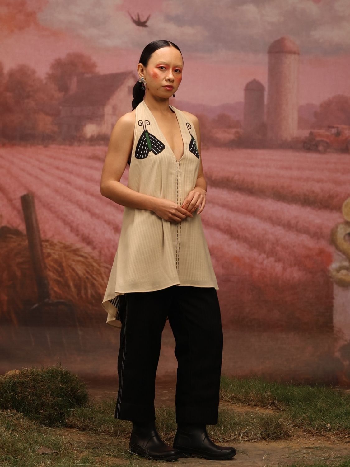 Winglore - Beige Hand Embroiderd Slub Cotton Moths Tunic Halter Top - CiceroniTopsWinglore