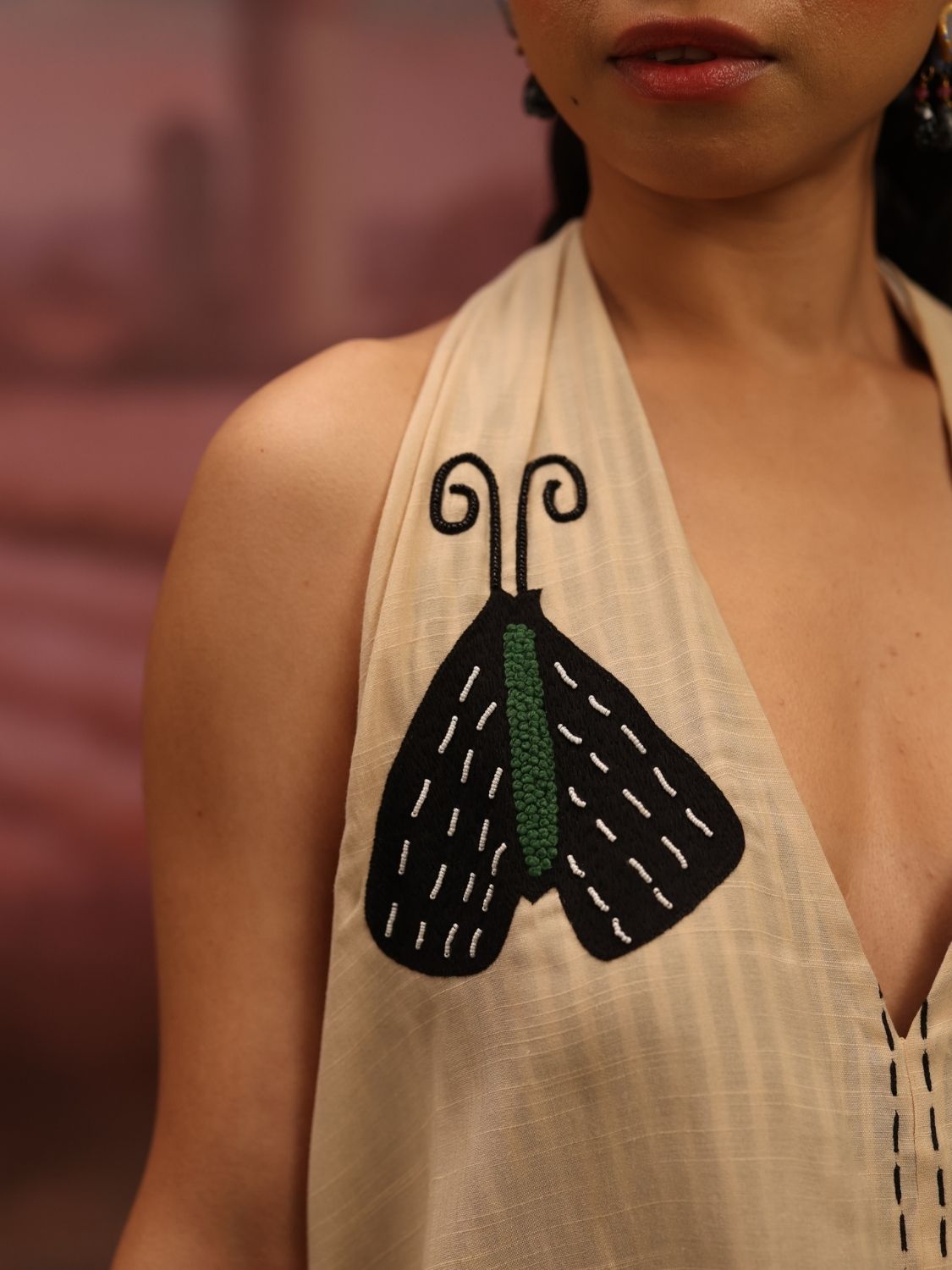 Winglore - Beige Hand Embroiderd Slub Cotton Moths Tunic Halter Top - CiceroniTopsWinglore