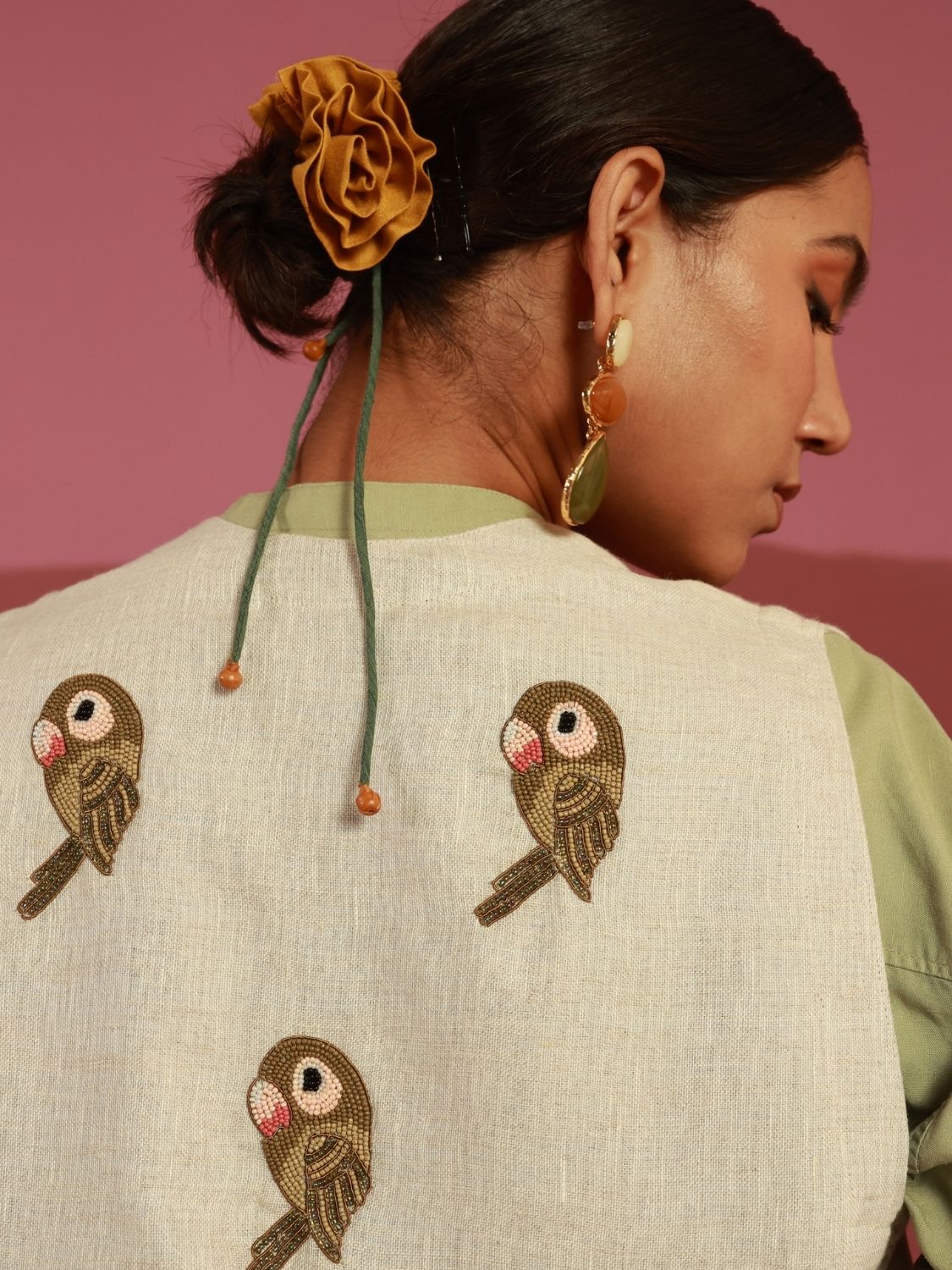 Winglore - Beige Hand Embroidered Parakeets Gilet - CiceroniJacketsWinglore