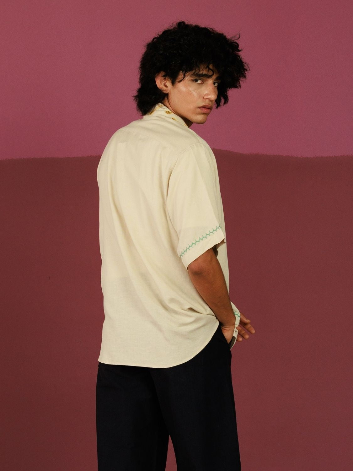 Winglore - Beige Pocket Patch Hand Embroiderd Pure Linen Oversized Shirt - CiceroniUnisex ShirtsWinglore