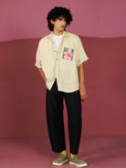 Winglore - Beige Pocket Patch Hand Embroiderd Pure Linen Oversized Shirt - CiceroniUnisex ShirtsWinglore