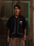 Winglore - Black Appliqué Hand Embroiderd Pure Linen Wildflower Oversized Shirt - CiceroniUnisex ShirtsWinglore