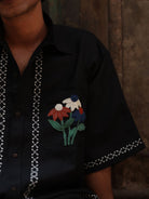 Winglore - Black Appliqué Hand Embroiderd Pure Linen Wildflower Oversized Shirt - CiceroniUnisex ShirtsWinglore