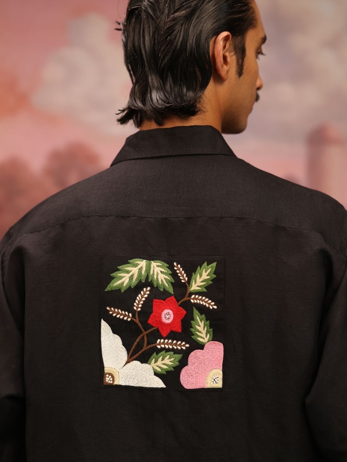 Winglore - Black Bold Black Patch Hand Embroiderd Pure Linen Oversized Shirt - CiceroniUnisex ShirtsWinglore