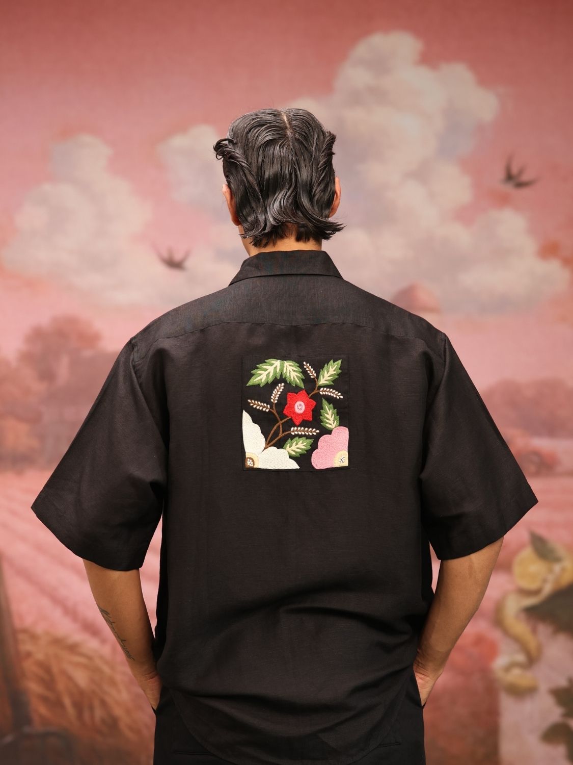 Winglore - Black Bold Black Patch Hand Embroiderd Pure Linen Oversized Shirt - CiceroniUnisex ShirtsWinglore