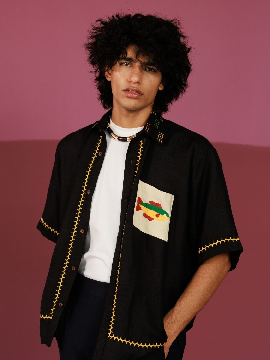 Winglore - Black Hand Embroiderd Fish Pure Linen Oversized Shirt - CiceroniUnisex ShirtsWinglore