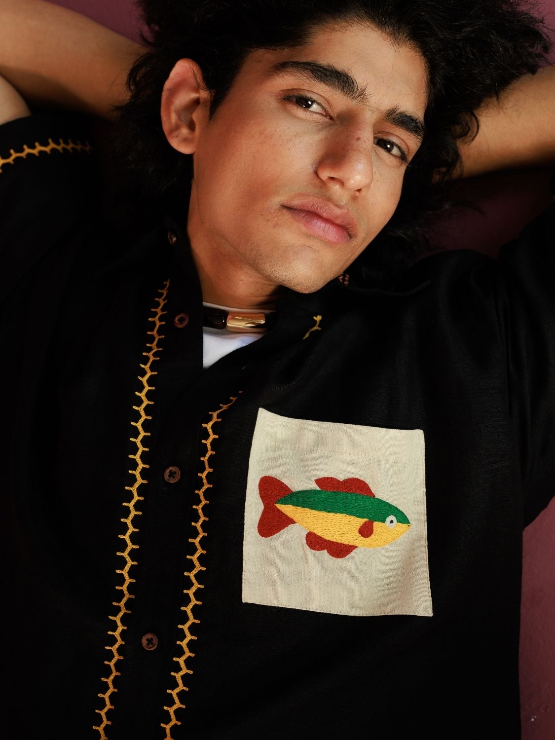 Winglore - Black Hand Embroiderd Fish Pure Linen Oversized Shirt - CiceroniUnisex ShirtsWinglore