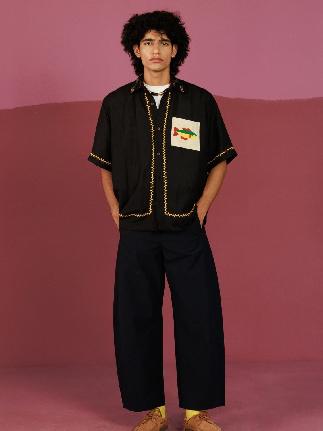 Winglore - Black Hand Embroiderd Fish Pure Linen Oversized Shirt - CiceroniUnisex ShirtsWinglore