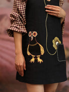 Winglore - Black Linen Hand Embroidered Curious BIrd Short Dress - CiceroniDressesWinglore