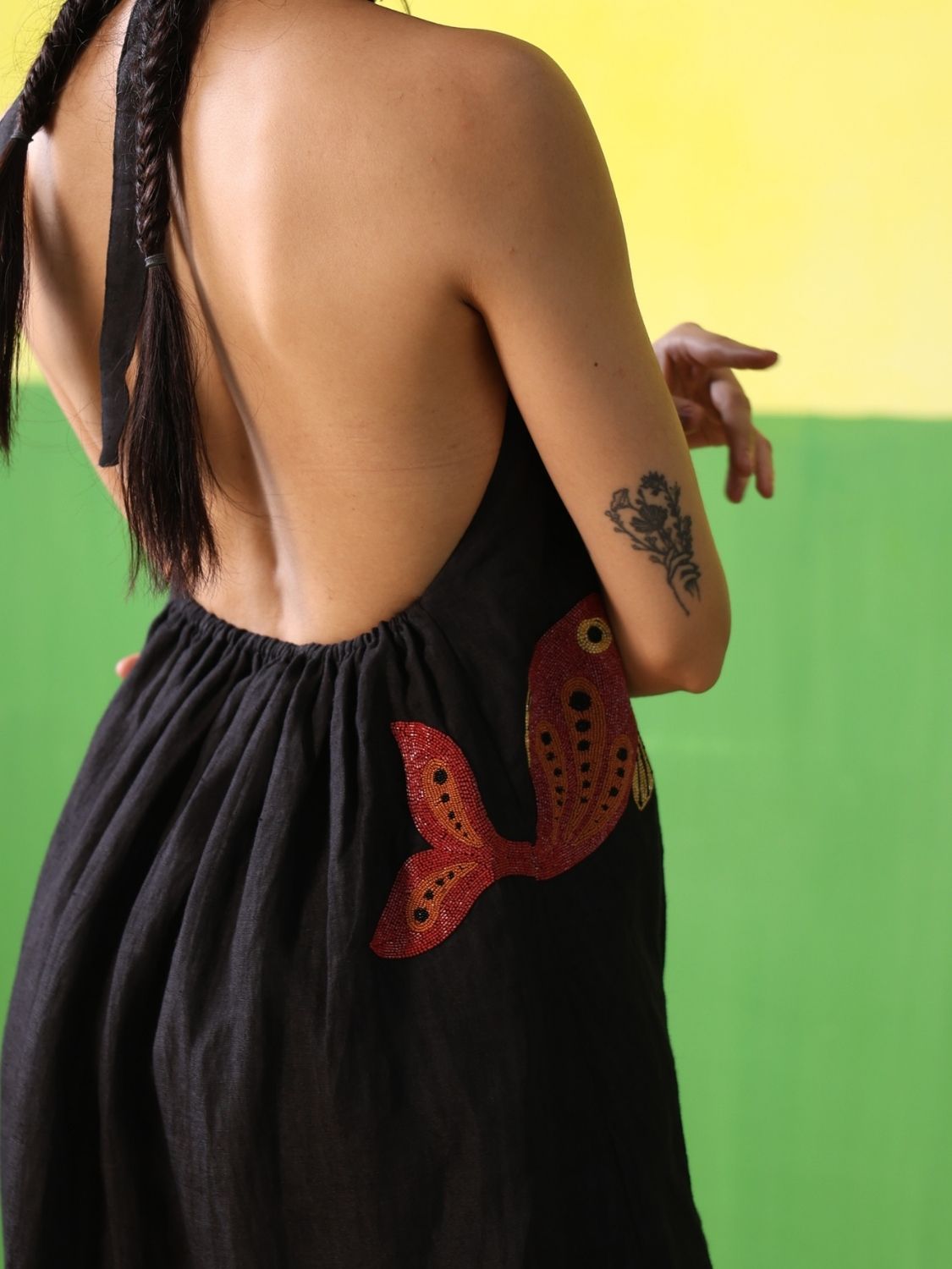 Winglore - Black Linen Hand Embroidered Halter Tent Dress - CiceroniDressesWinglore