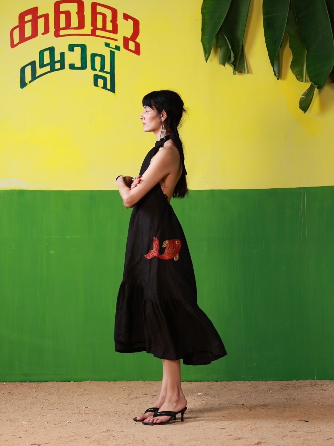 Winglore - Black Linen Hand Embroidered Halter Tent Dress - CiceroniDressesWinglore