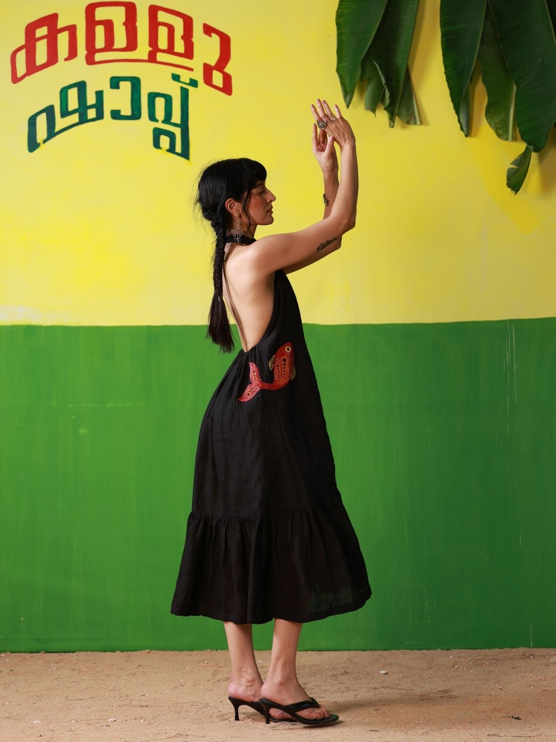Winglore - Black Linen Hand Embroidered Halter Tent Dress - CiceroniDressesWinglore