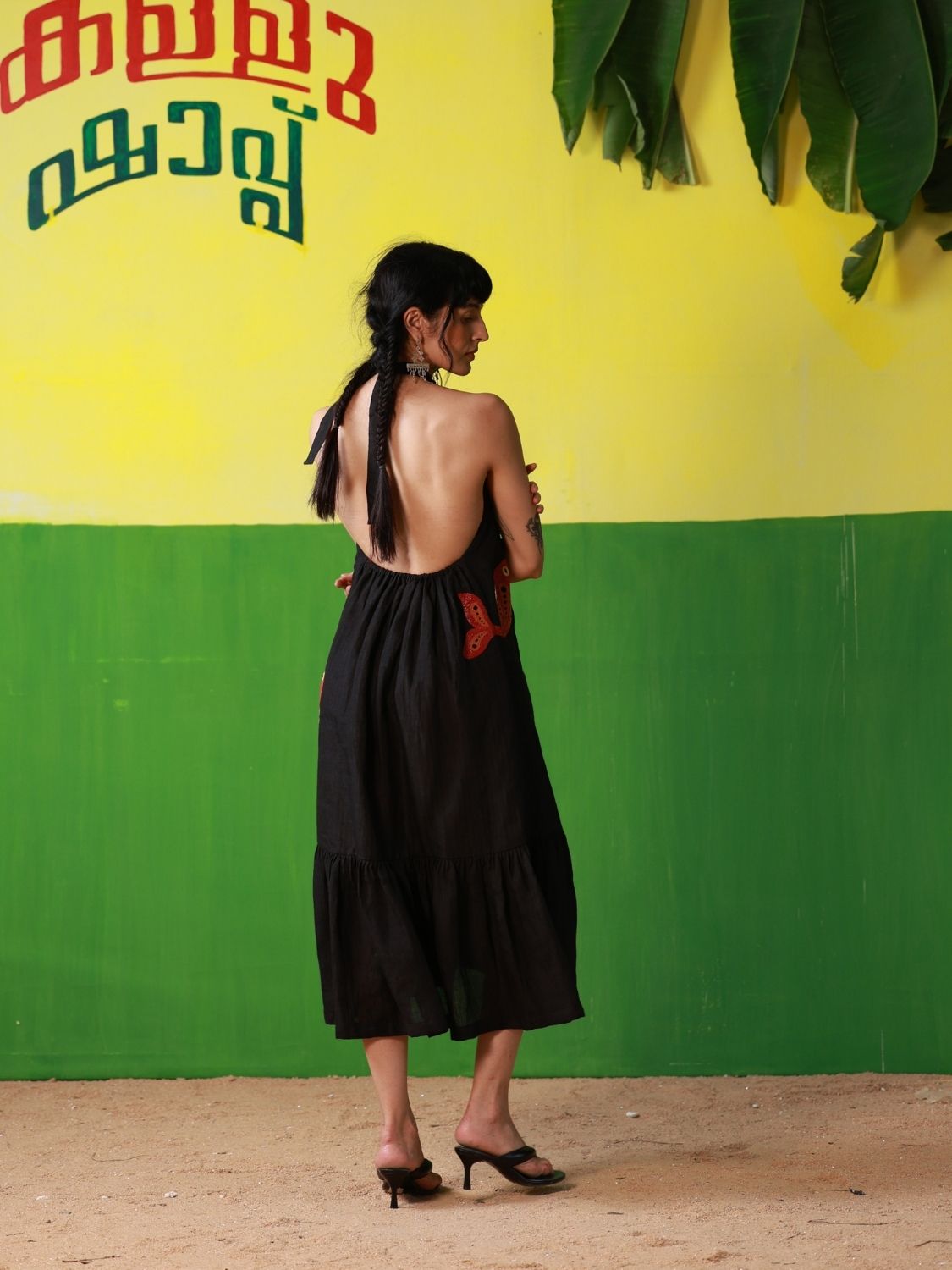 Winglore - Black Linen Hand Embroidered Halter Tent Dress - CiceroniDressesWinglore