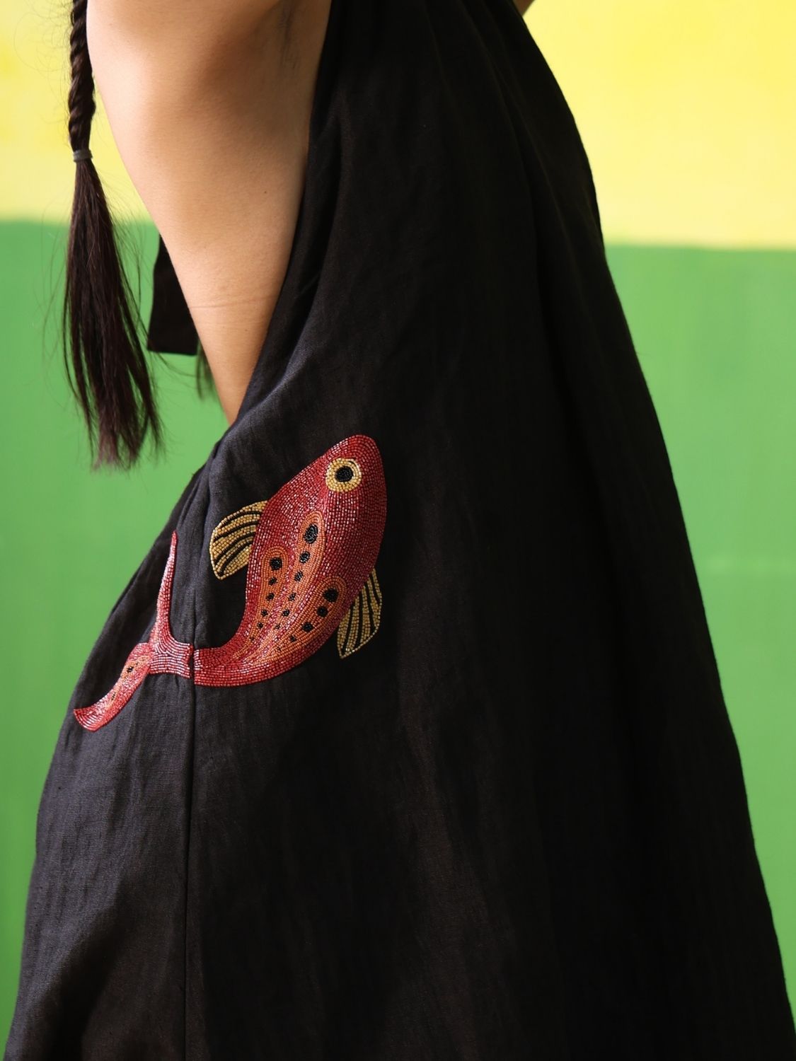 Winglore - Black Linen Hand Embroidered Halter Tent Dress - CiceroniDressesWinglore