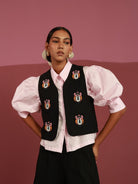 Winglore - Black Linen Hand Embroidered Hooters Owl Gilet - CiceroniJacketsWinglore