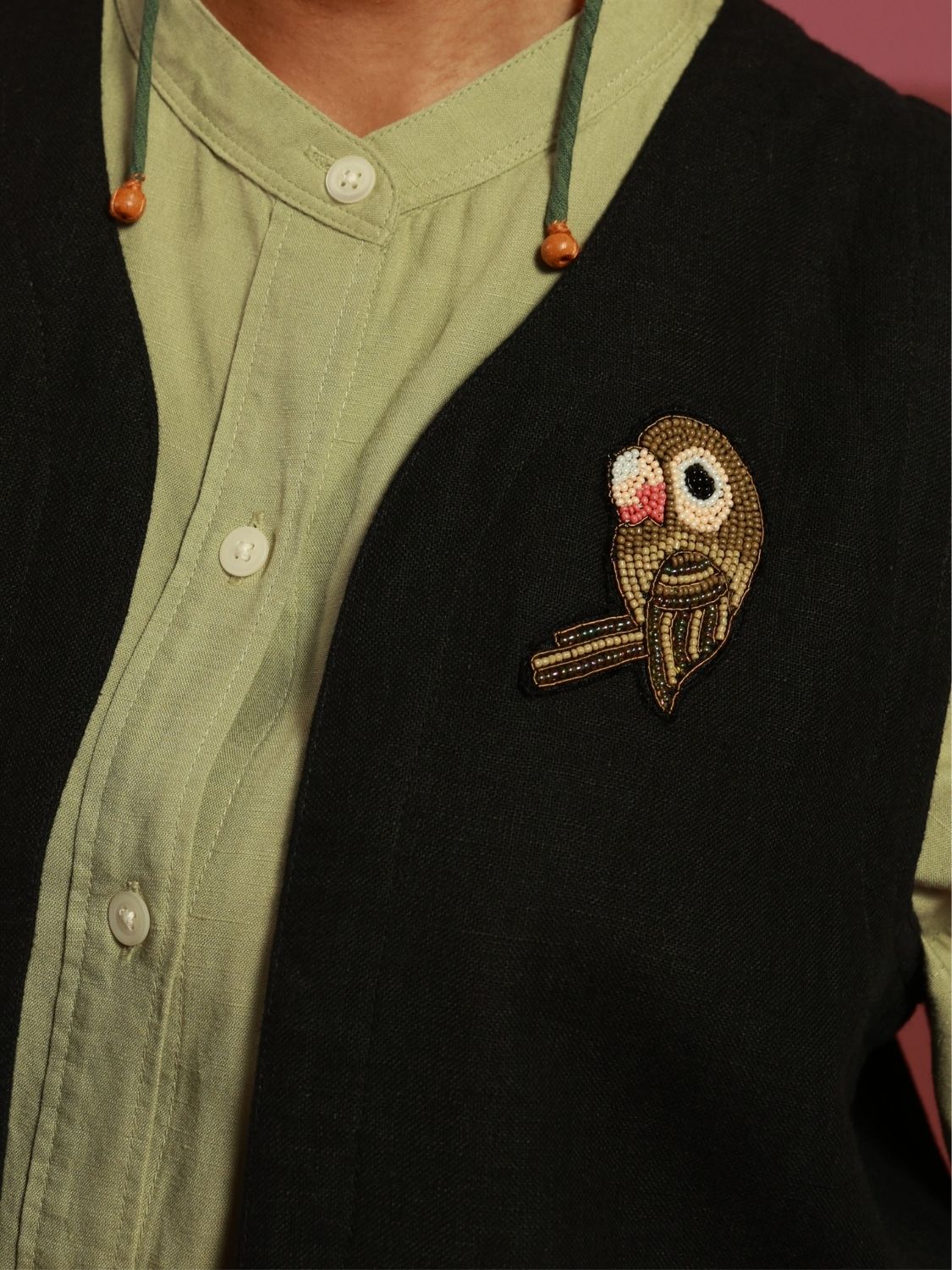 Winglore - Black Linen Hand Embroidered Parakeet Gilet - CiceroniJacketsWinglore