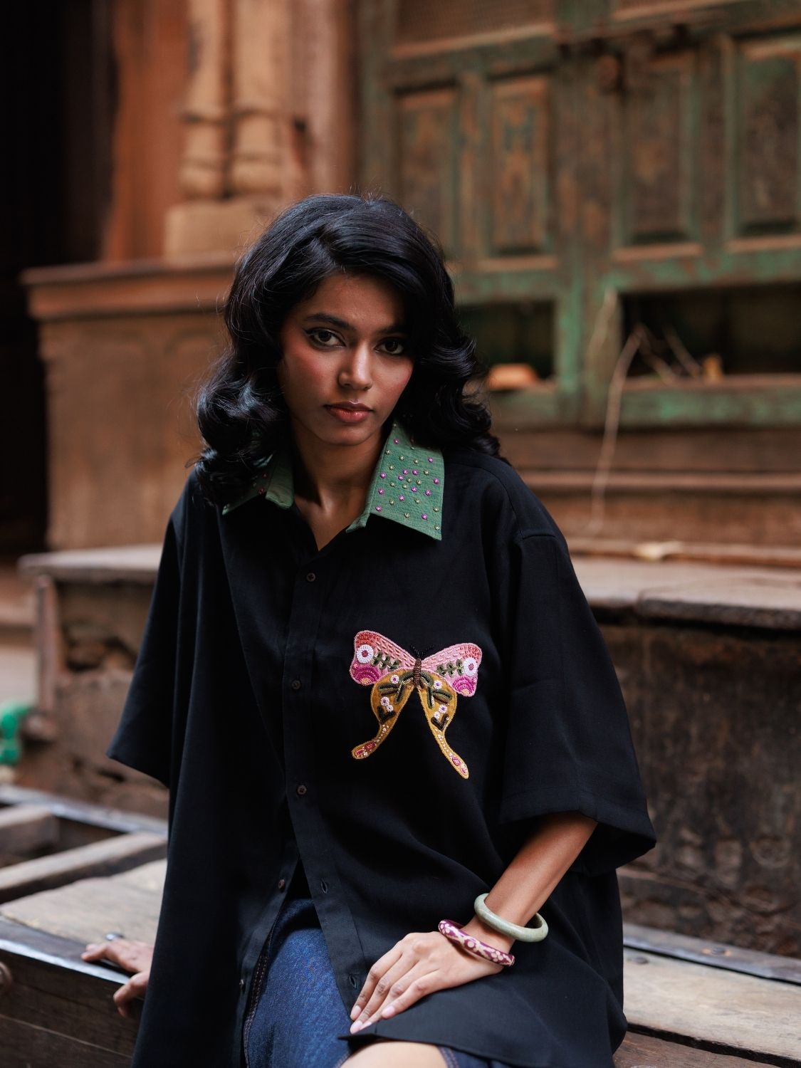 Winglore - Black Slub Cotton Hand-Embroidered Oversized Shirt - CiceroniUnisex ShirtsWinglore