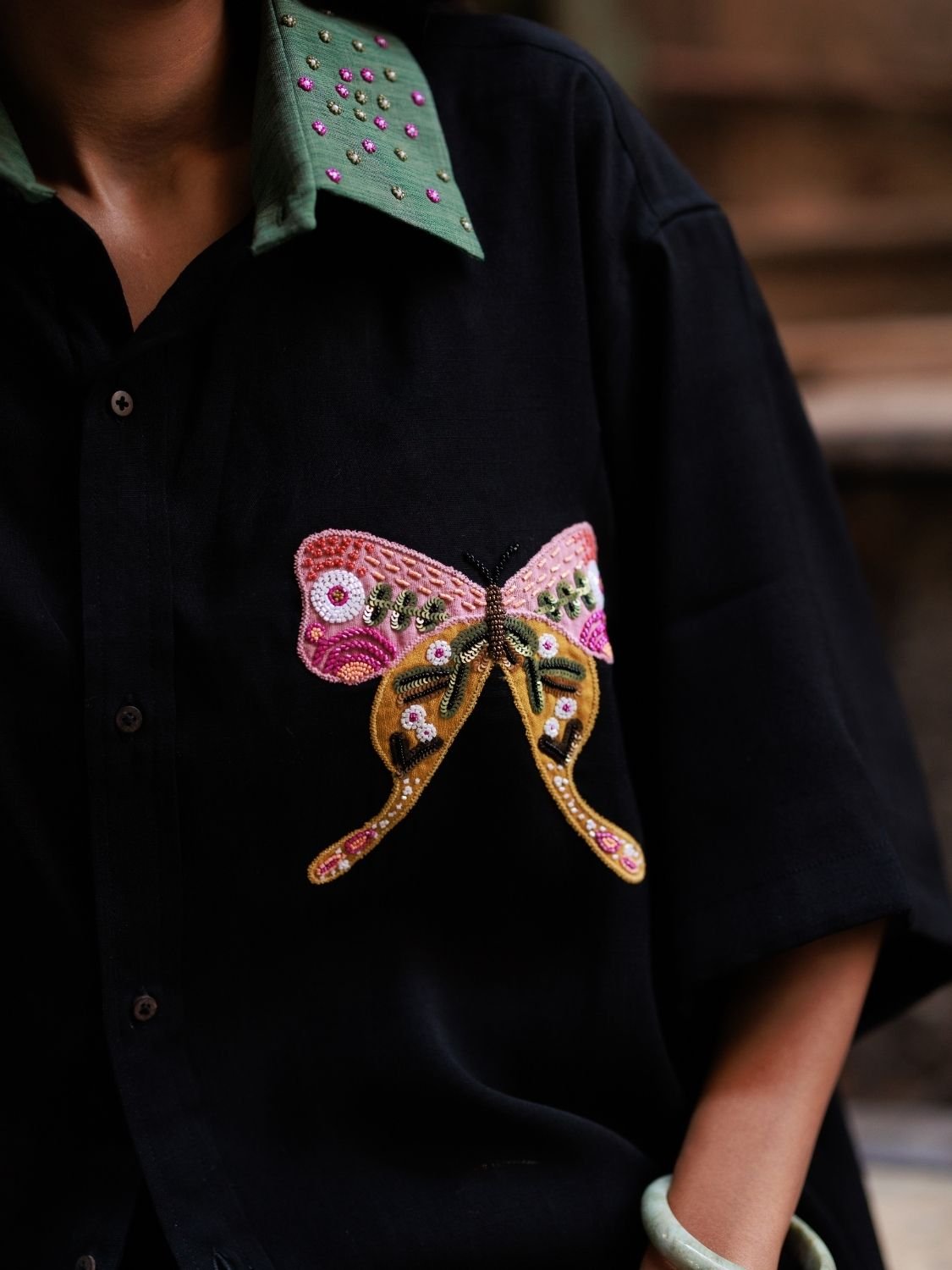Winglore - Black Slub Cotton Hand-Embroidered Oversized Shirt - CiceroniUnisex ShirtsWinglore