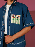 Winglore - Blue Hand Embroiderd Pure Linen Oversized Shirt - CiceroniUnisex ShirtsWinglore