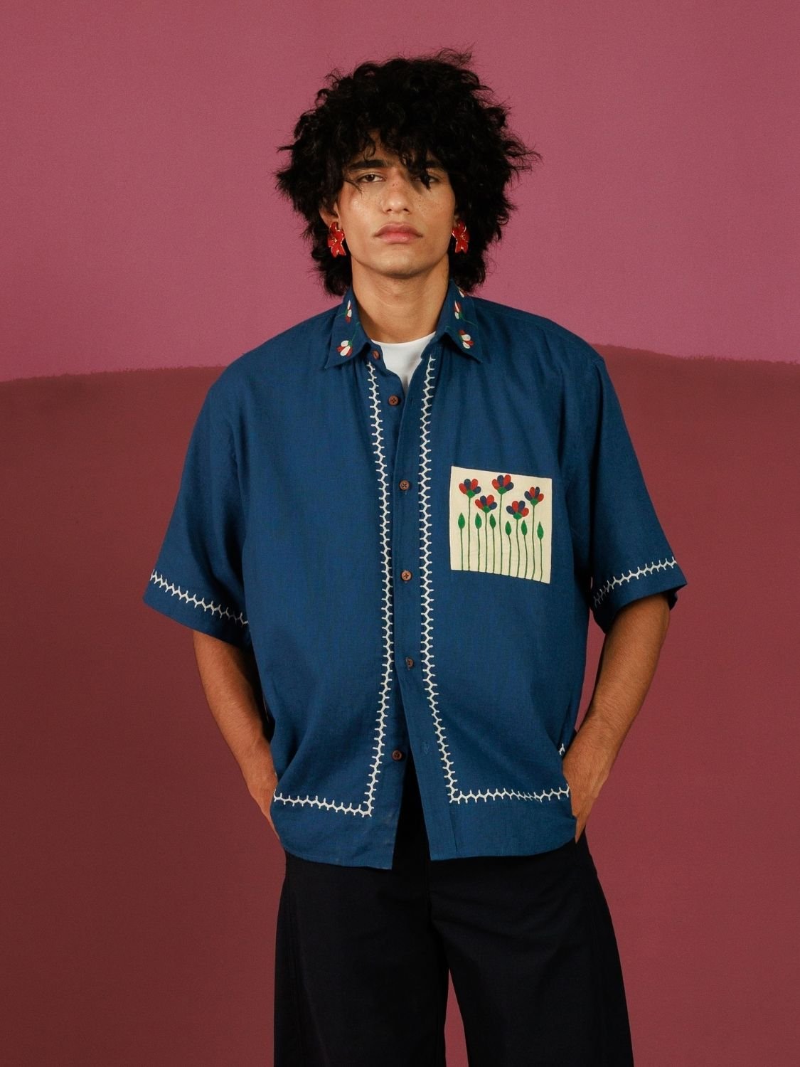 Winglore - Blue Hand Embroiderd Pure Linen Oversized Shirt - CiceroniUnisex ShirtsWinglore