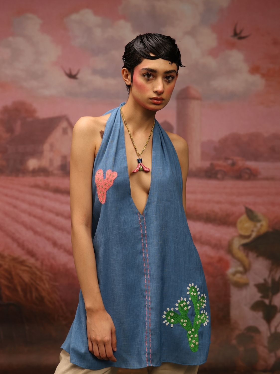 Winglore - Blue Hand Embroiderd Slub Cotton Cactus Tunic Halter Top - CiceroniTopsWinglore