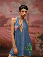 Winglore - Blue Hand Embroiderd Slub Cotton Cactus Tunic Halter Top - CiceroniTopsWinglore