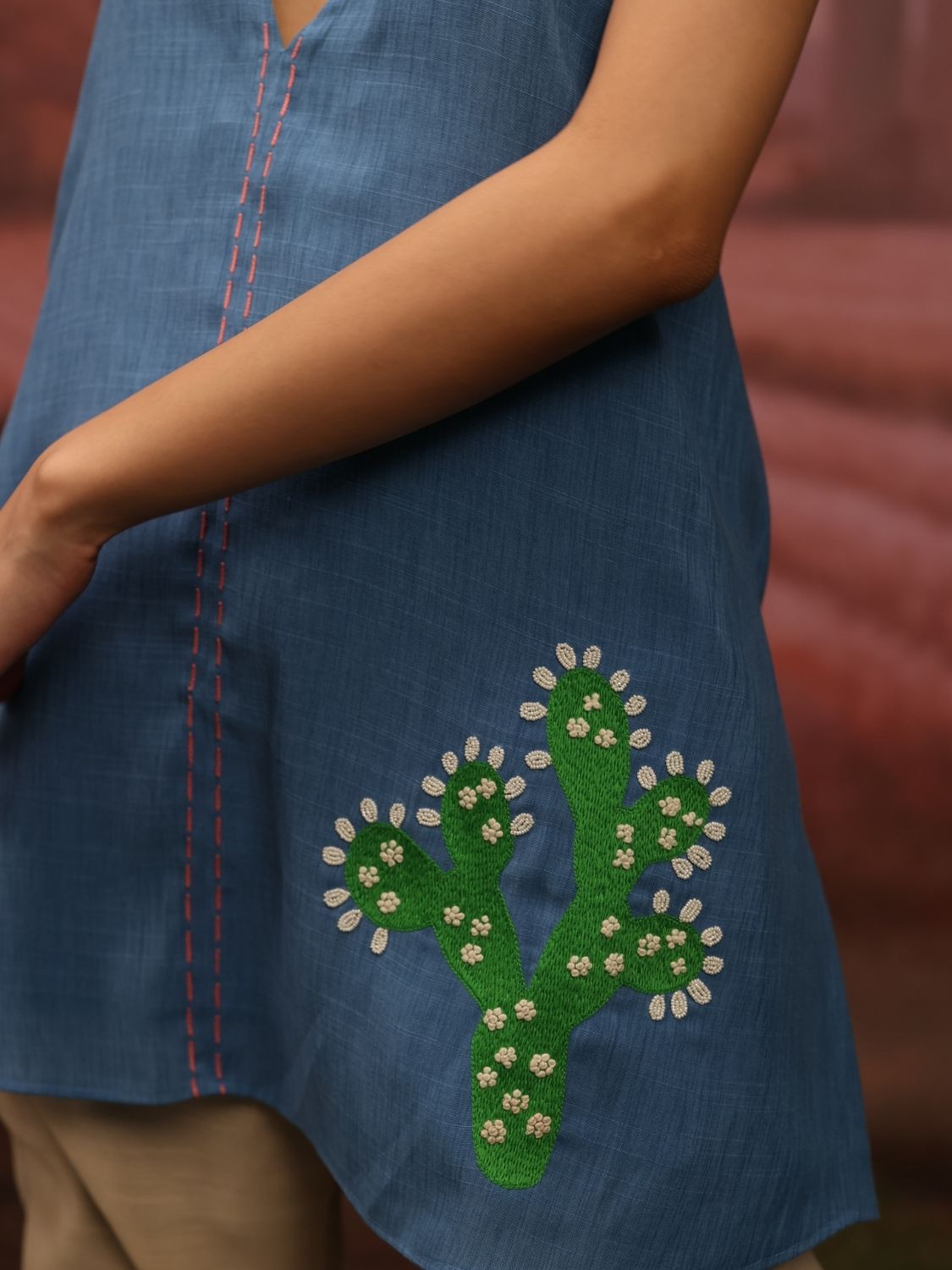 Winglore - Blue Hand Embroiderd Slub Cotton Cactus Tunic Halter Top - CiceroniTopsWinglore
