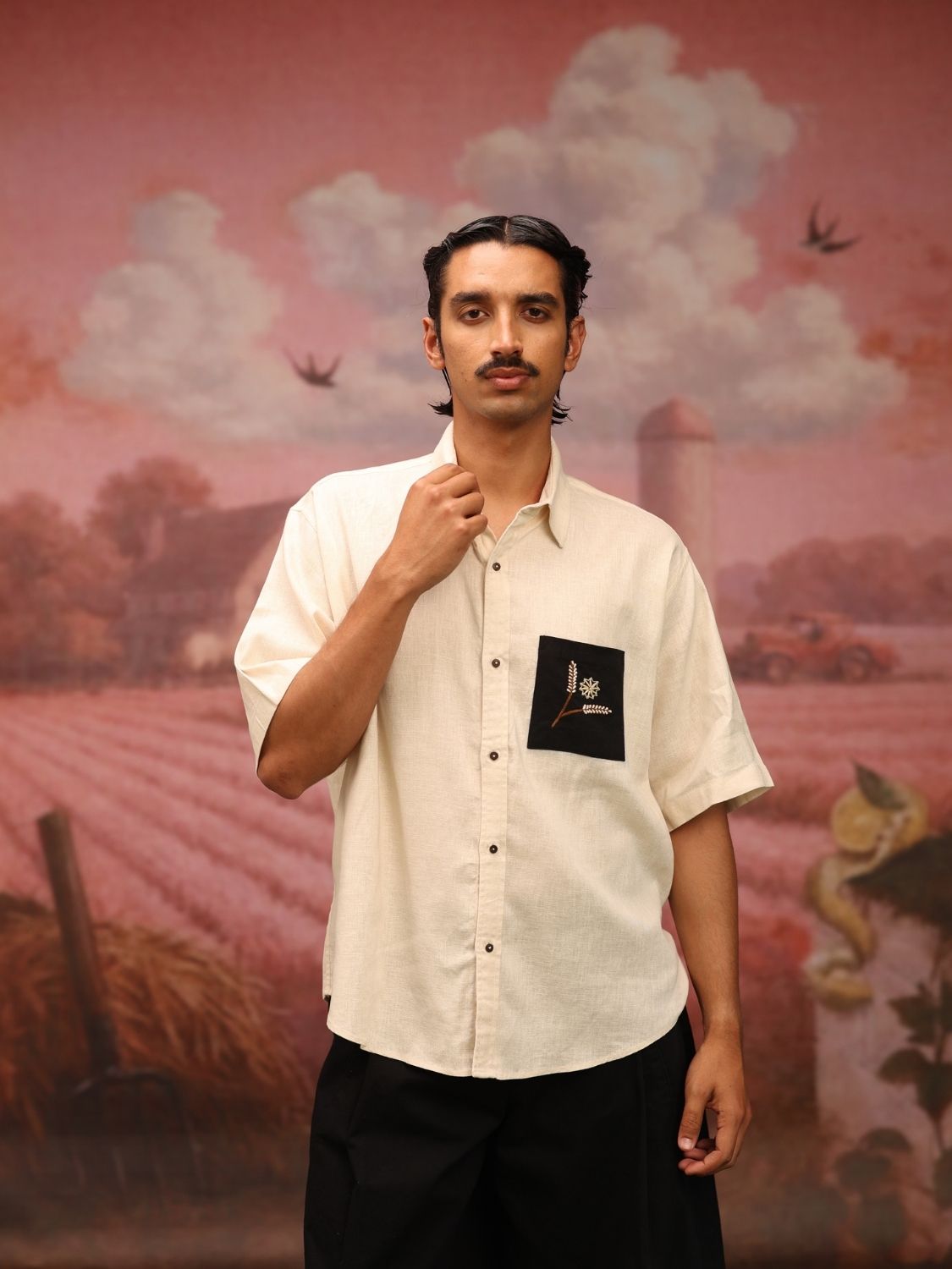 Winglore - Cream Bold Black Patch Hand Embroiderd Pure Linen Oversized Shirt - CiceroniUnisex ShirtsWinglore